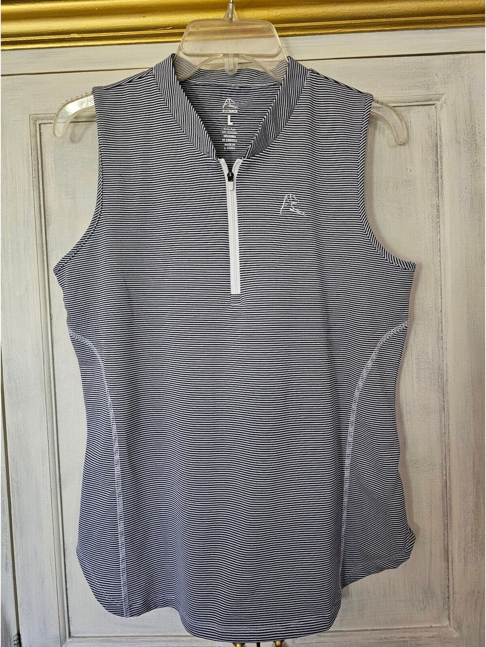 Rhoback Women's Sleeveless Polo Shirt - Navy Striped.  Size Large.